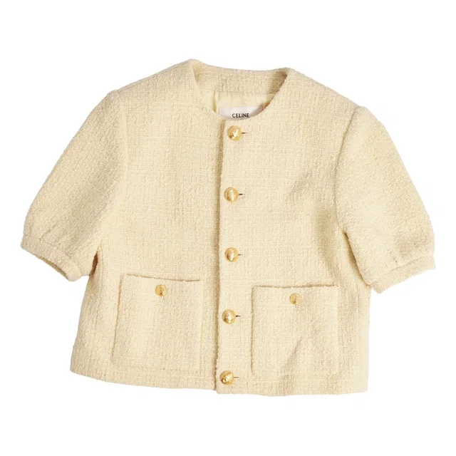 Celine Jacket Boucle Natte Collarless Short Sleeve Tweed Wool Beige 38 in Beige Tweed from The Reluxe