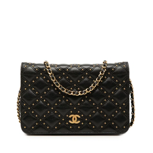 Black Chanel CC Lambskin Studded Diamond Stitch Wallet On Chain Crossbody Bag in Black Lambskin from Designer Revival
