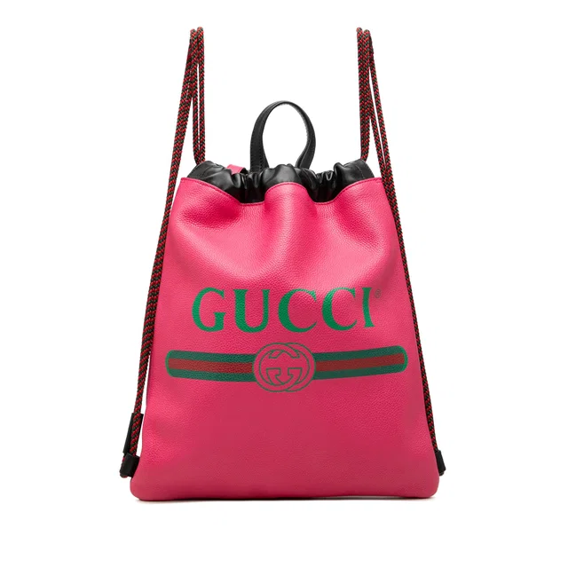 Pink Gucci Grained Calfskin Web Logo Drawstring Backpack in Pink Caviar leather from Designer Revival