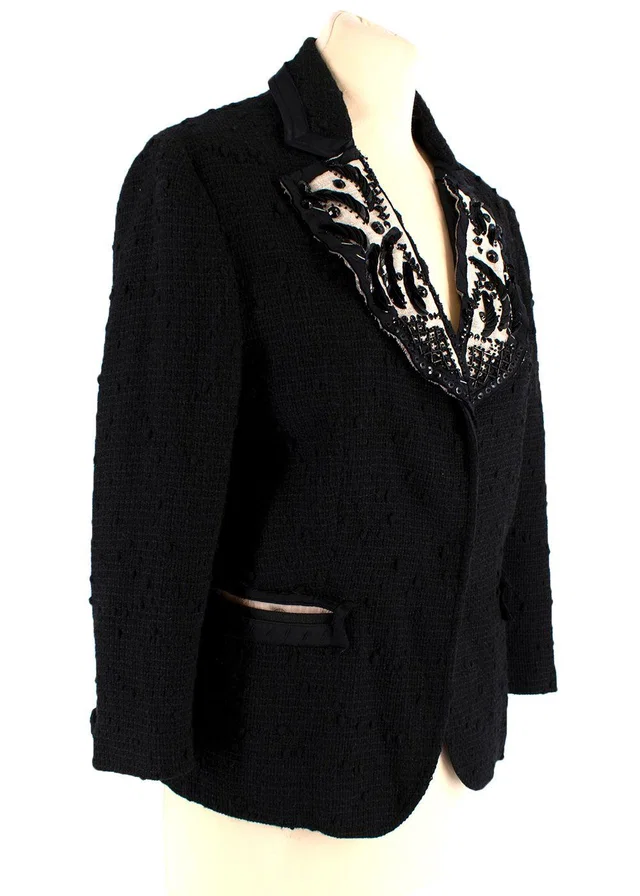 Prada Sequin Embellished Black Wool Tweed Jacket in Black Tweed from HEWI