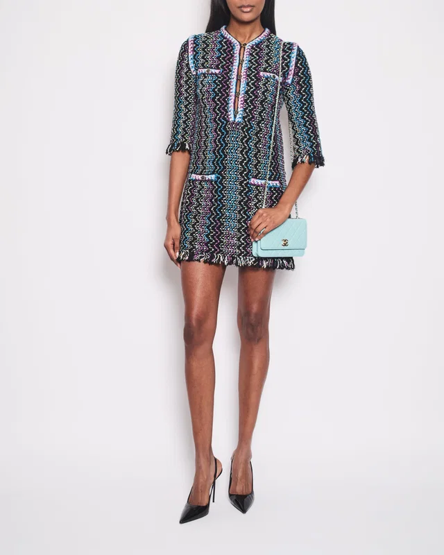 Chanel Black, Turquoise & Purple Zig Zag Dress with Frayed Edge Size FR 34 (UK 6) in Black from Sellier