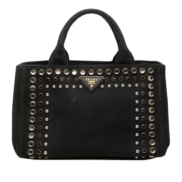 Black Prada Canvas Canapa Studded Handbag in Black Canvas from Designer Revival