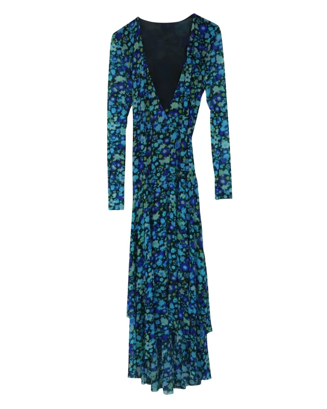 GANNI Floral Print Mesh Wrap Dress in Blue Polyamide in Blue, photo 4 of 6 from ShopSimon