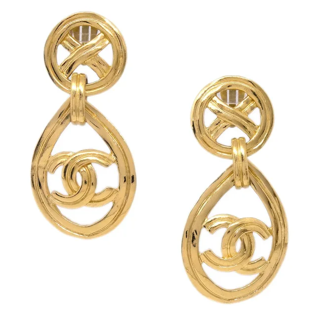 Chanel Dangle Hoop Earrings Clip-On Gold 96P in Gold from AMORE Vintage Tokyo