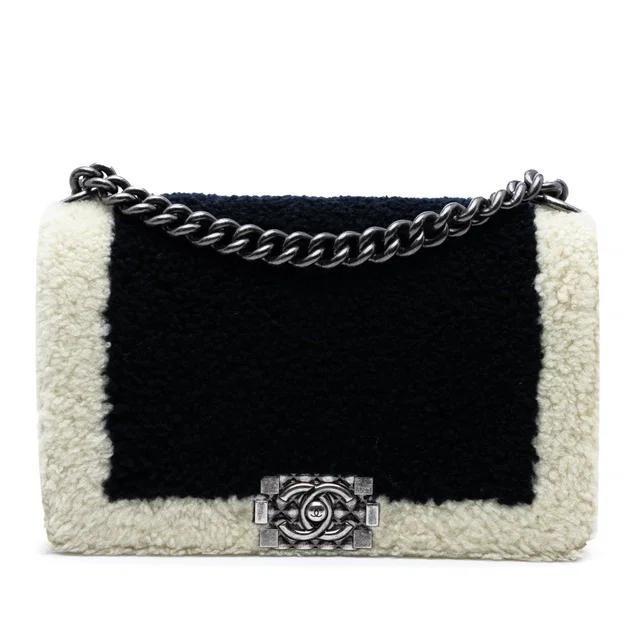 Black Chanel Old Medium Bicolor Shearling Boy Flap Crossbody Bag in Black Leather from Designer Revival