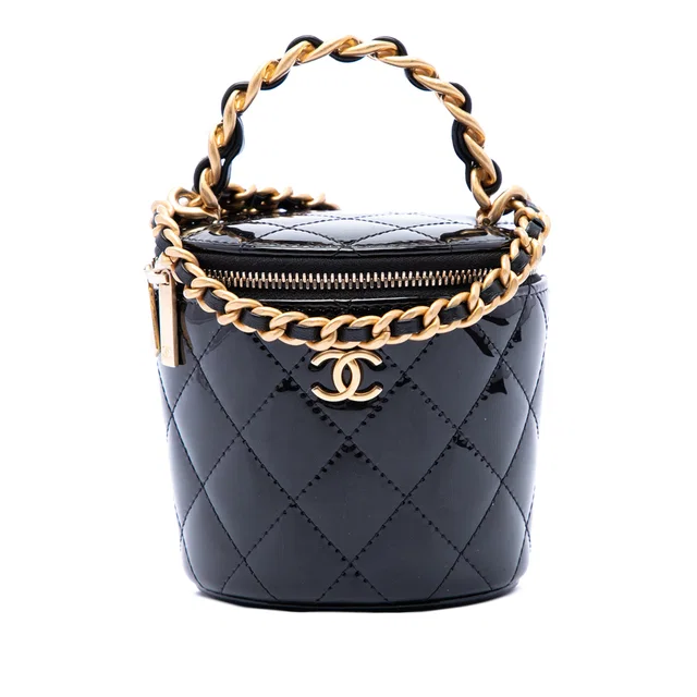 Black Chanel Quilted Patent Afternoon Tea Top Handle Vanity Case with Chain Satchel in Black Patent leather from Designer Revival