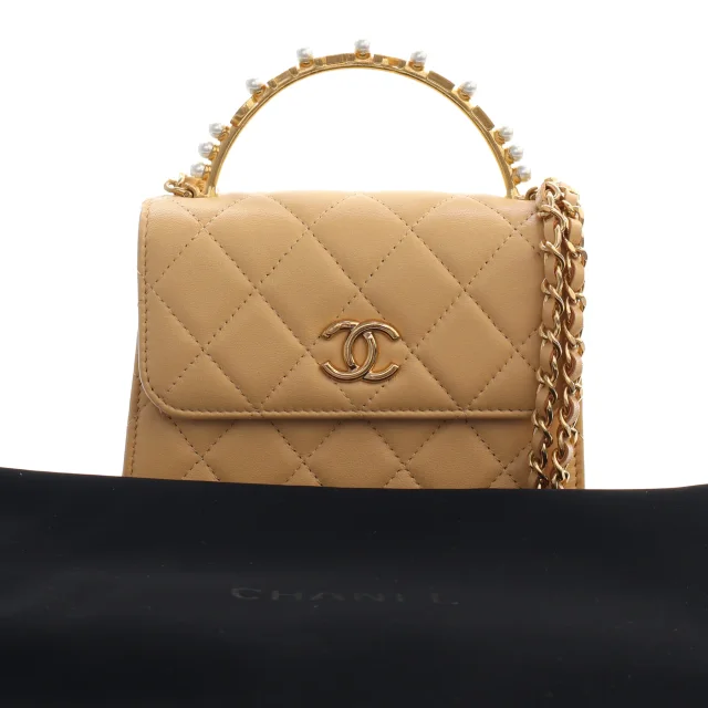 Beige Chanel CC Quilted Lambskin Faux Pearl Top Handle Flap Satchel in Beige Lambskin from Designer Revival, photo 14 of 14