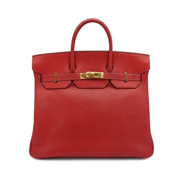 Hermès Haut A Courroies 32 Rouge Vif Chevre Hand Bag 2001 Square E Gold Hardware in Red Goatskin from Luxury Promise