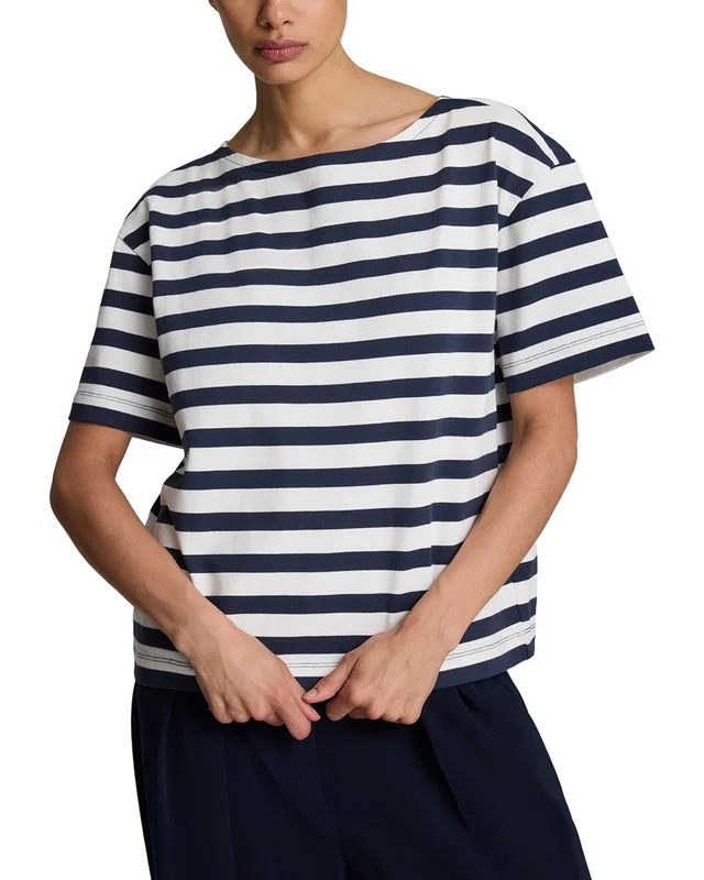 Kenneth Cole Boat Neck Boyfriend Stripe T-Shirt in //asset2.ruecdn.com/images/sw/141571/1415713855_RLSW_navy multi.jpg, image 1 of 1 from Rue La La