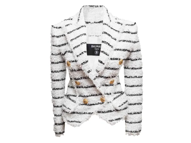 White & Black Balmain Striped Textured Double-Breasted Blazer Size FR 34 in Black from Designer Revival