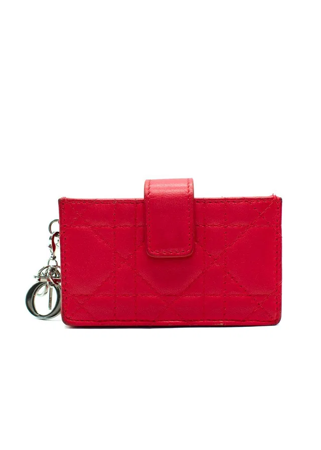 Dior Vibrant Red Leather Logo Chain Card Holder in Red Leather from HEWI