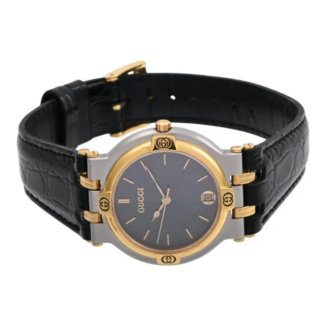 Gucci Round Logo Face Watch 9000M Quartz Black in Black Leather from VINTAGE QOO TOKYO, photo 4 of 8