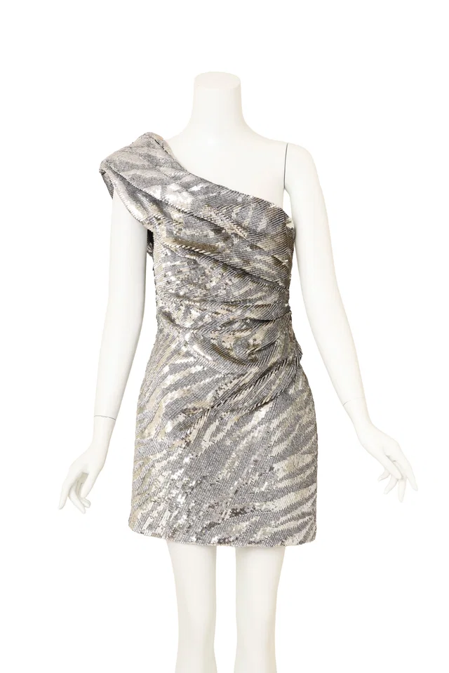 Saint Laurent One Shoulder Animal Stripe Sequin Mini Dress in Silk from Recess LA