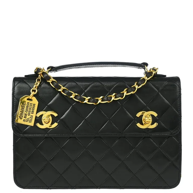 Chanel 1989-1991 Black Lambskin Double Turnlock Shoulder Bag in Black Lambskin from AMORE Vintage Tokyo