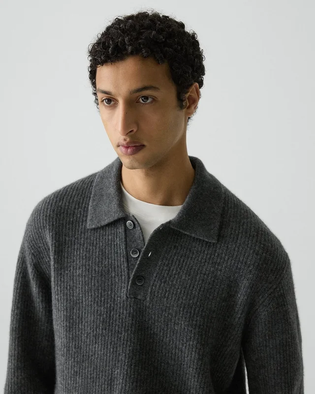 Theory Relaxed Polo Sweater in Astor Wool in CHARCOAL, photo 12 of 14 from Theory