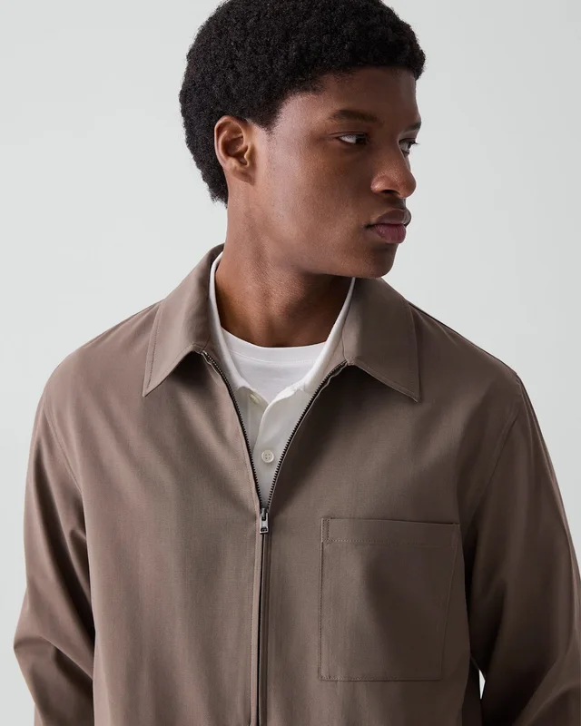 Theory Zip Overshirt in Motion Wool in MOREL 54% Virgin Wool, 25% Recycled Polyester, 20% Polyester, 1% Spandex, photo 11 of 12 from Theory