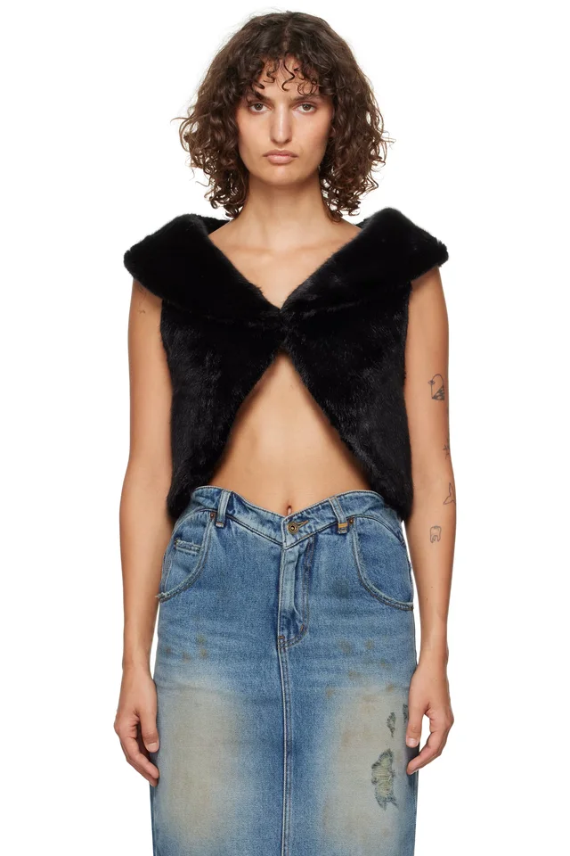 We11done Black Cropped Faux-Fur Vest, image 1 of 1 from SSENSE