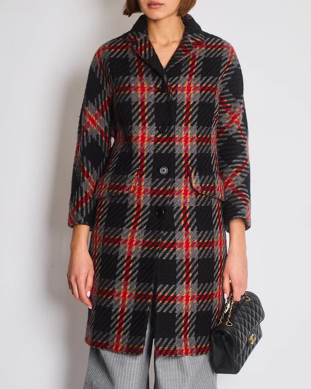 Miu Miu Grey, Black, Red, Camel Check Tweed Button Down Coat IT 38 (UK 6) in Black Tweed from Sellier