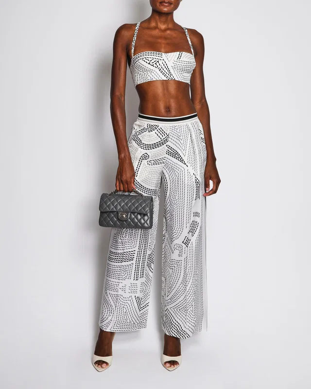 Hermès Black and White Silk Eperon d'Or Point Sellier Cropped Bustier Top and High Waisted Wide Leg… in Black Silk from Sellier