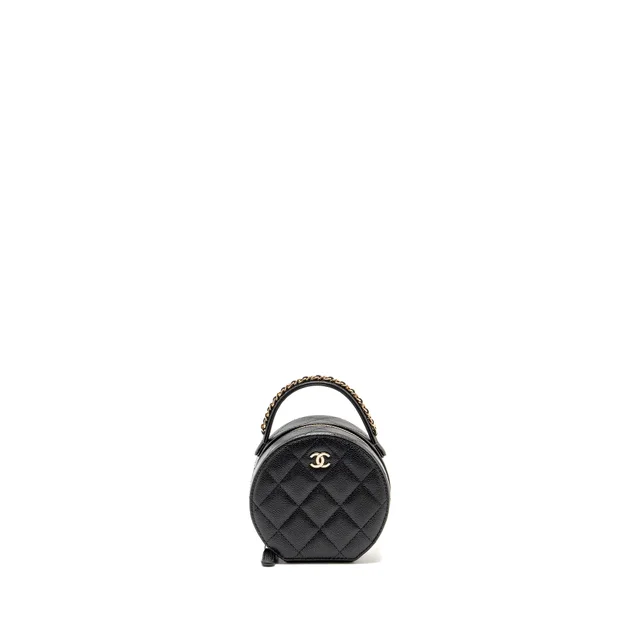 Chanel Top Handle Round Vanity Jewellery Box Caviar Black LGHW (Microchip) in Black Caviar leather from EMIER