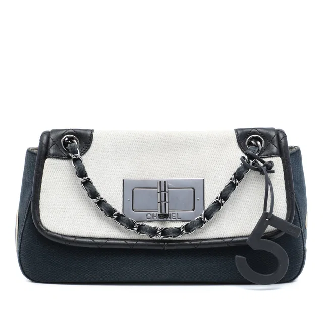 Blue Chanel Tricolor Canvas and Leather No 5 Giant Mademoiselle Lock Flap Bag in Blue Canvas from Designer Revival