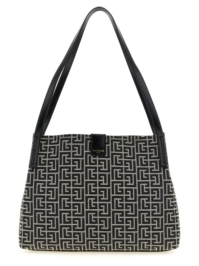 Balmain Release Shoulder Bag — Black Jacquard Fabric in Black Leather from HEWI
