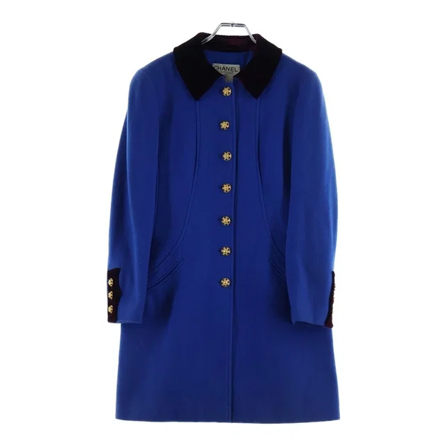 Chanel 96A Gripoix Button Velour Paneled Wool Soutien Collar Coat Blue in Blue Wool from The Reluxe