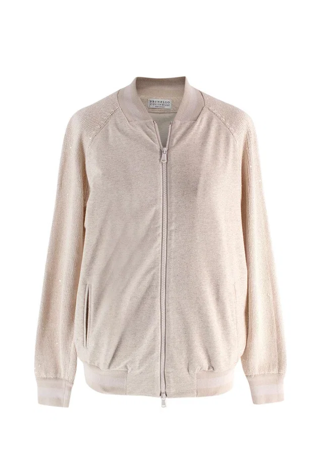 Brunello Cucinelli Beige Knit Sleeve Jersey Bomber Jacket in Beige from HEWI