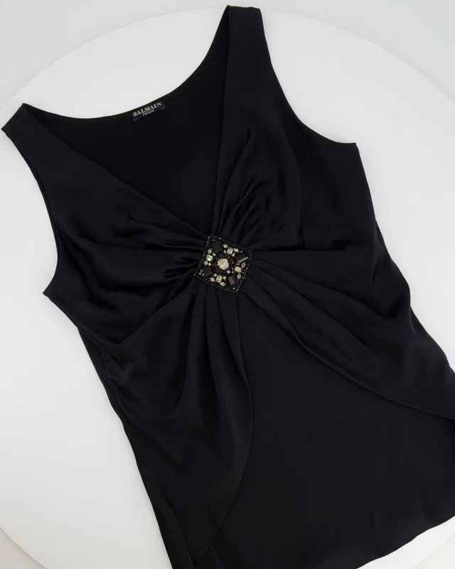 Balmain Black Sleeveless Top with Embellishment Detail FR 36 (UK 8) in Black Silk from Sellier