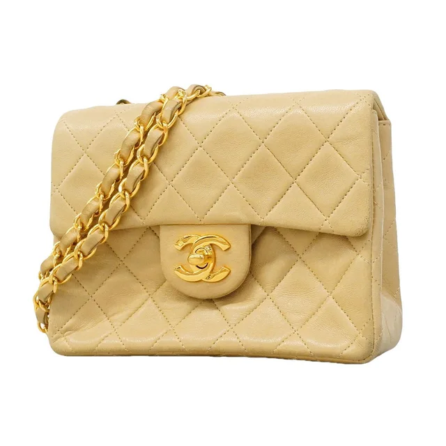 Chanel Shoulder Bag Mini Quilted Lambskin Beige Gold in Beige Lambskin from The Reluxe
