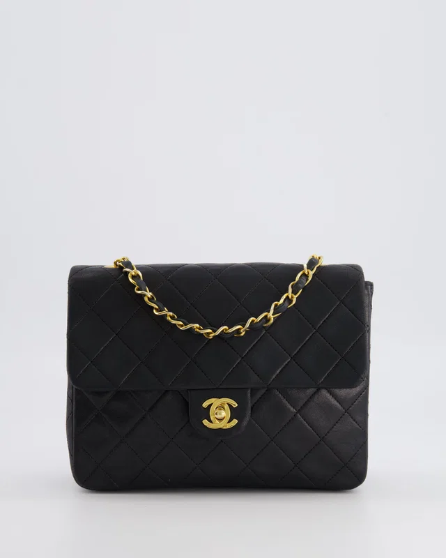 Chanel Vintage Small Square Single Flap Bag in Black Lambskin from Sellier