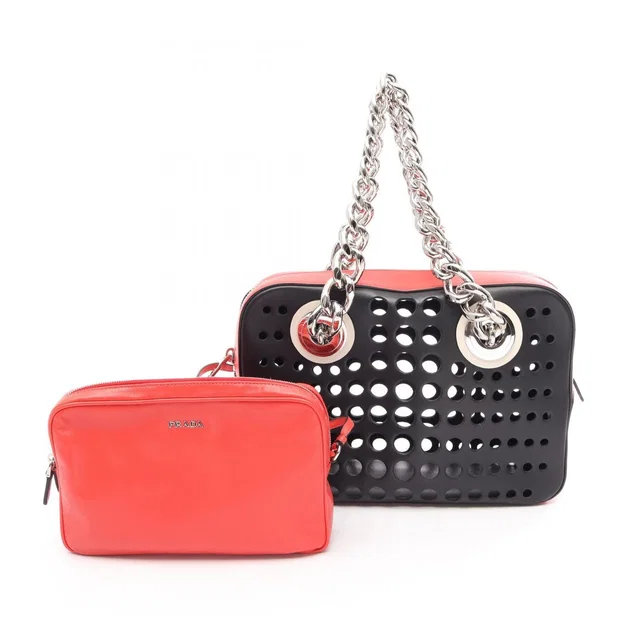 Prada Tote Bag City Fori Perforated Black Red Leather Foley Chain in Black Leather from The Reluxe