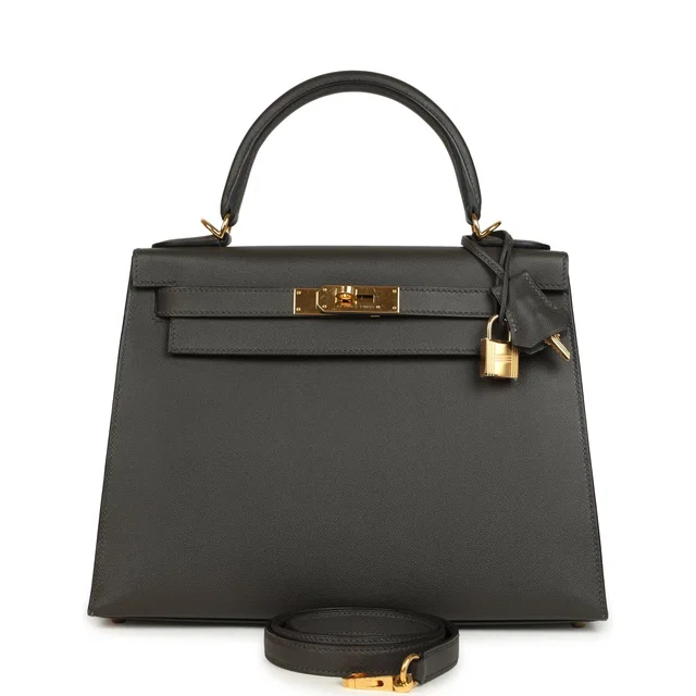 Hermès Kelly Sellier 28 Graphite Madame Gold Hardware in Grey Goatskin from Madison Avenue Couture