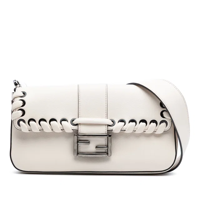 White Fendi Whipstitch Leather Baguette Crossbody in White Leather from Designer Revival