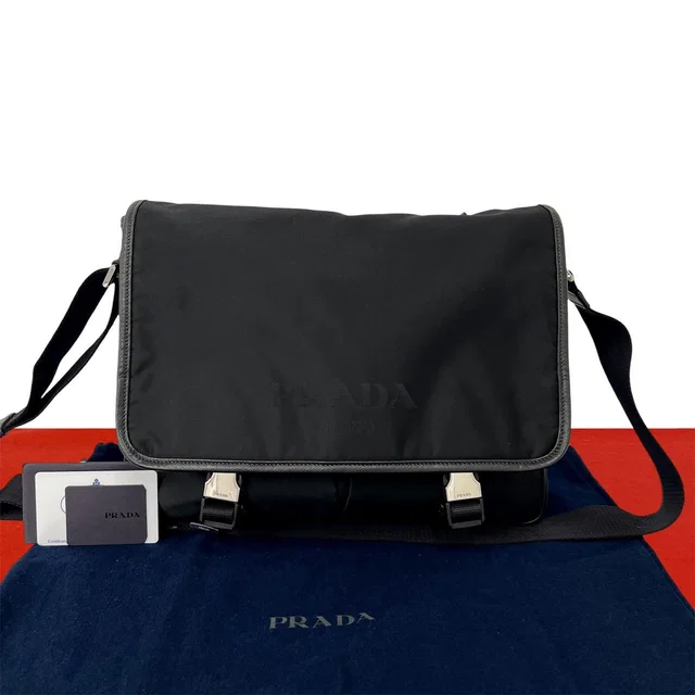Prada Triangle Logo Tessuto Pocono Nylon Saffiano Leather Shoulder Bag Black in Black Saffiano leather from The Reluxe