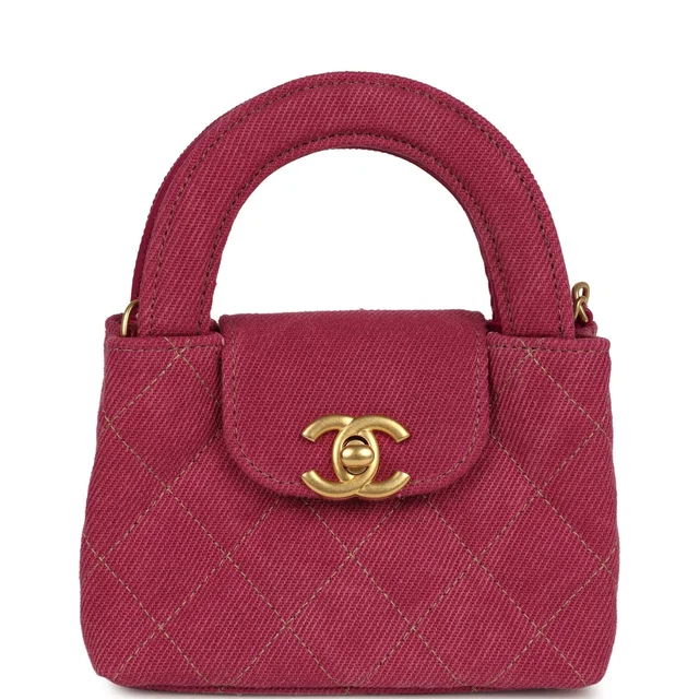 Chanel Nano Kelly Shopper Fuchsia Washed Denim Brushed Gold Hardware in Pink Denim from Madison Avenue Couture