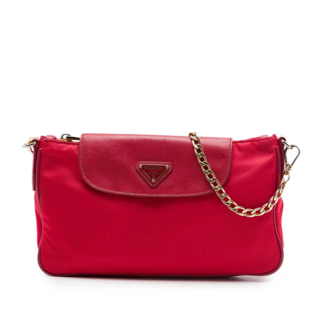 Red Prada Saffiano Trimmed Tessuto Chain Crossbody in Red Saffiano leather from Designer Revival