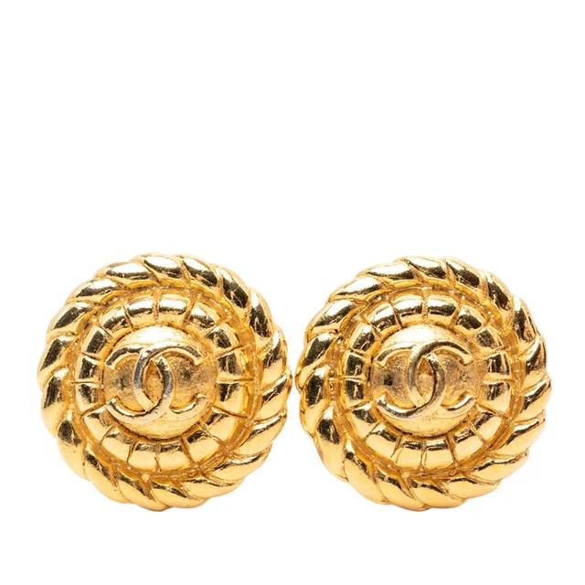 Gold Chanel CC Gold Plated Round Clip On Earrings in Gold from Designer Revival