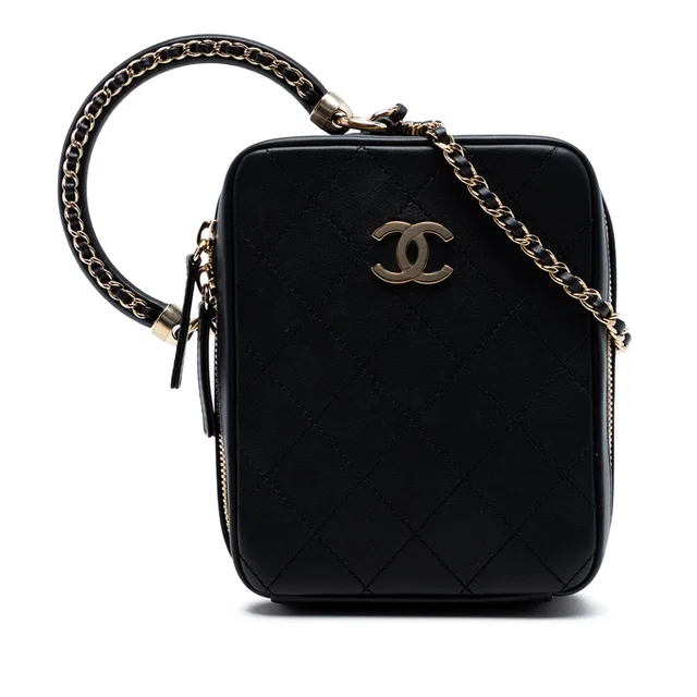 Black Chanel Calfskin Stitched Cup Of Tea Vanity Case Satchel in Black Calfskin from Designer Revival