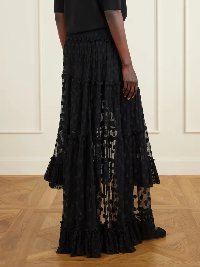 DRIES VAN NOTEN Sunia embroidered cotton-blend mesh maxi skirt in black 66% Cotton 34% Polyamide, photo 4 of 5 from NET-A-PORTER (Canada)