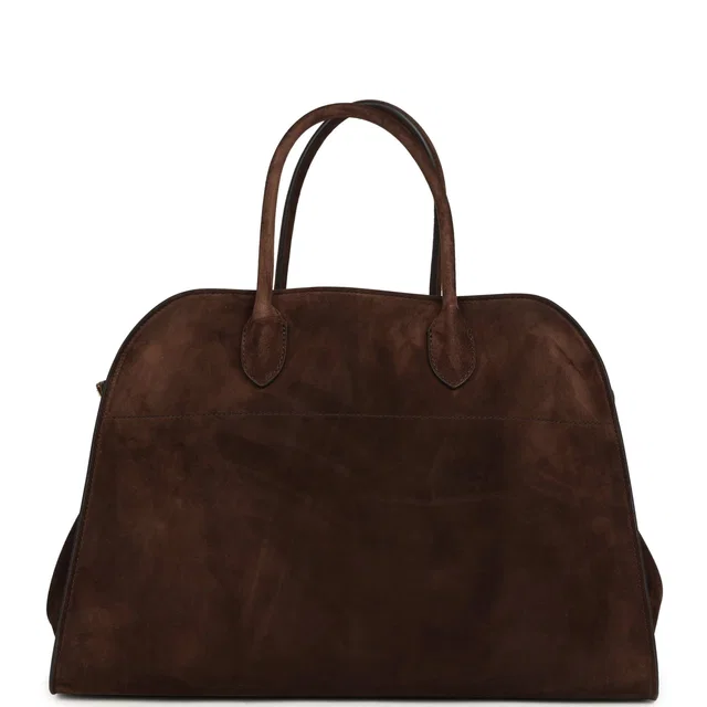The Row Soft Margaux 15 Bag Mocha Suede Gold Hardware in Suede from Madison Avenue Couture