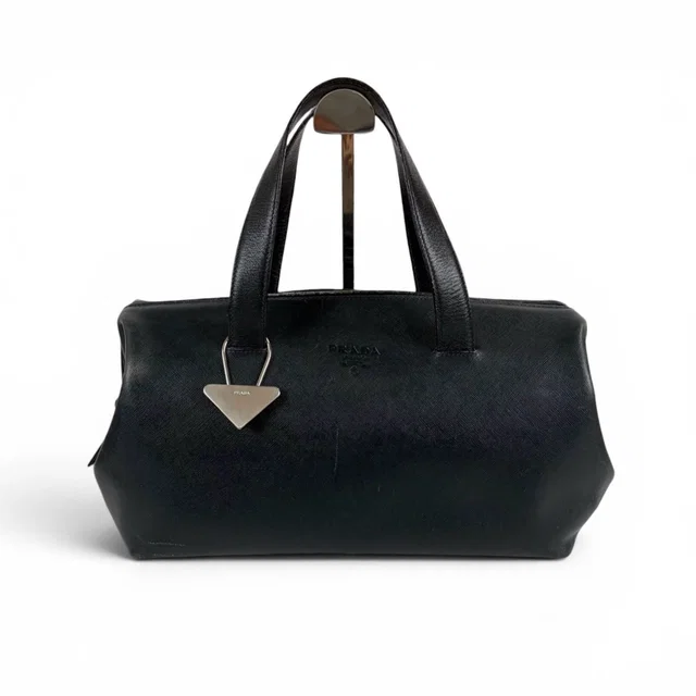 Prada Triangle Logo Key Ring Mini Boston Bag Top Handle in Saffiano leather from The Reluxe