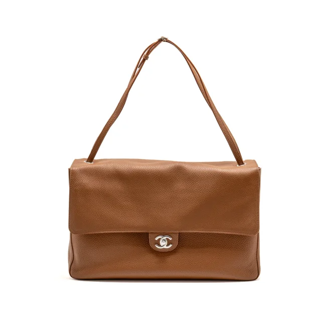 Chanel 26S Maxi Flap Bag Grained Calfskin Camel SHW (Microchip) in Brown Caviar leather from EMIER