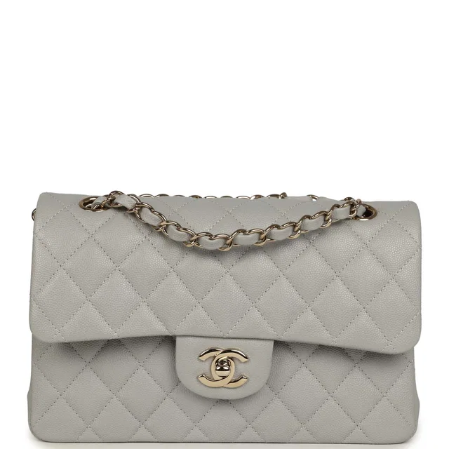 Chanel Small Classic Double Flap Bag Light Grey Caviar Light Gold Hardware in Grey Caviar leather from Madison Avenue Couture