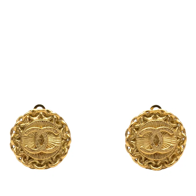 Gold Chanel CC Gold Plated Round Clip on Earrings in Gold from Designer Revival