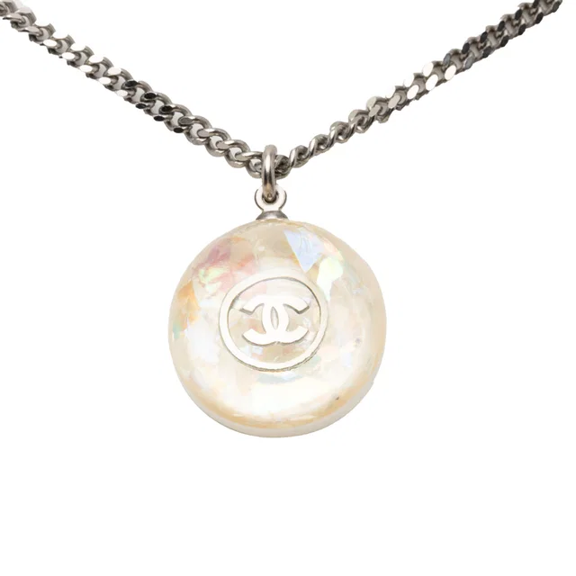 Silver Chanel CC Brass Resin Ball Pendant Necklace in Silver Resin from Designer Revival