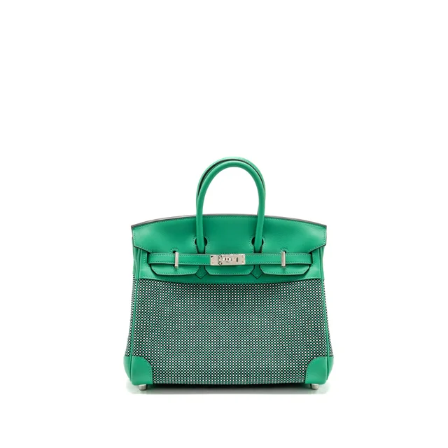 Hermès Birkin 25 Toile Quadrille/Swift Noir-Blanc-Menthe/ SHW Stamp B in Black Swift leather from EMIER