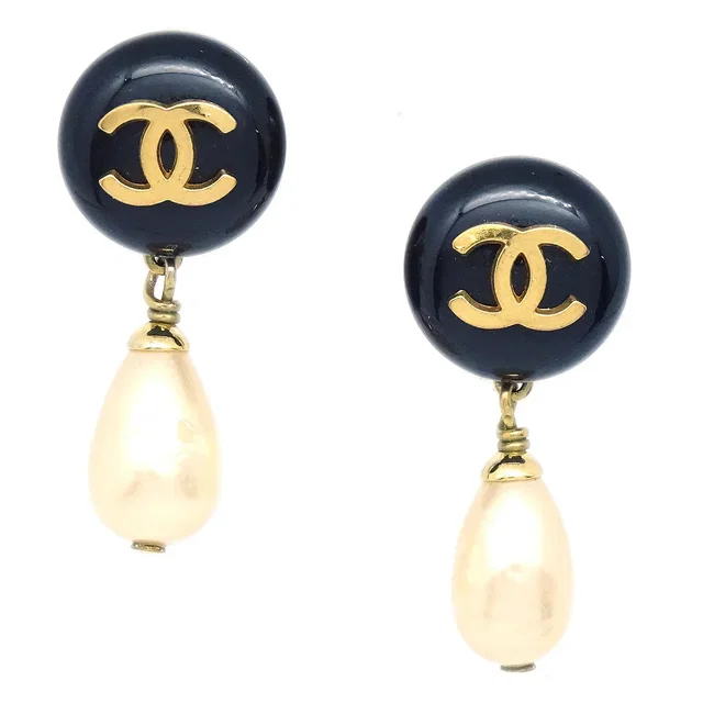 Chanel 1994 Black CC Button & Faux Teardrop Pearl Dangle Earrings in Black Resin from AMORE Vintage Tokyo