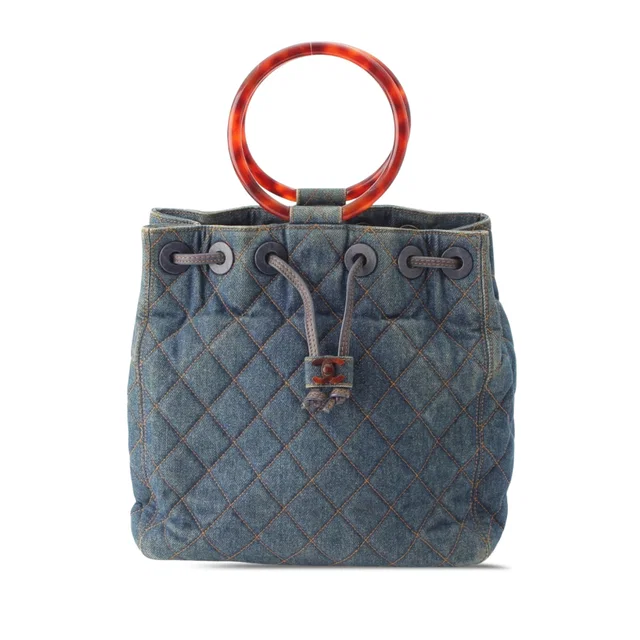 Blue Chanel CC Quilted Denim Resin Ring Handle Bucket Bag in Blue Denim from Designer Revival