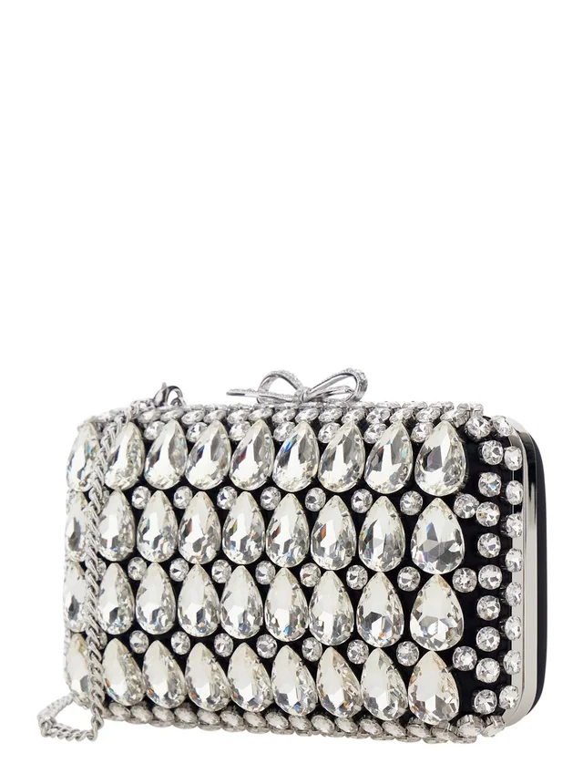 SELF-PORTRAIT Clutch Bag 'BLACK SATIN CRYSTAL' with Crystal Details in Black Satin for Women in Black, photo 4 of 10 from Gaudenzi Boutique